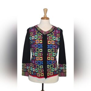 Elena Wang Colorful Geometric Knit Cardigan Sweater M Medium Retro Abstract‎